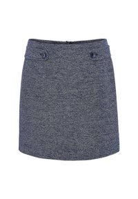 Korte spijkerrok in donkerblauw met een gestructureerd, geweven patroon. Voorzien van een tailleband met twee knopen en een ritssluiting aan de achterzijde.