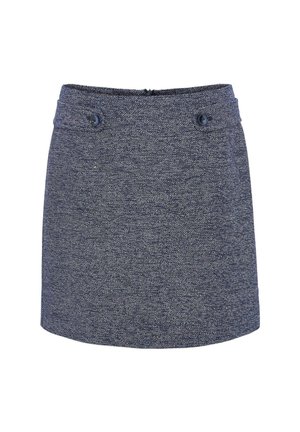 Korte spijkerrok in donkerblauw met een gestructureerd, geweven patroon. Voorzien van een tailleband met twee knopen en een ritssluiting aan de achterzijde.