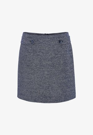 Gonna di jeans corta di colore blu scuro con un motivo tessuto a trama. Presenta una vita con due bottoni e una chiusura con zip sul retro.