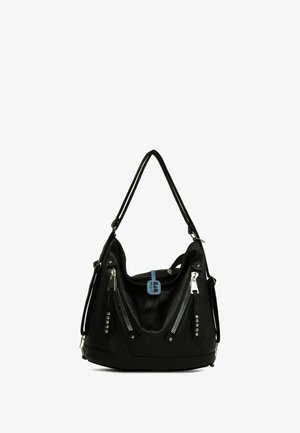 Fekete válltáska texturált felülettel, két cipzáras elülső zsebbel, ezüst színű fémrészekkel és levehető pánttal.