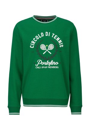 Grüner Pullover mit weiß gestreiftem Kragen und Bündchen, vorne mit tennisbezogenem Text und einem Motiv aus gekreuzten Tennisschlägern.