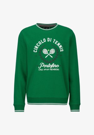 Grüner Pullover mit weiß gestreiftem Kragen und Bündchen, vorne mit tennisbezogenem Text und einem Motiv aus gekreuzten Tennisschlägern.