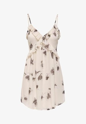 Krém színű ujjatlan ruha fekete és szürke virágmintákkal, fodros V-nyakkivágással és vékony vállpántokkal.