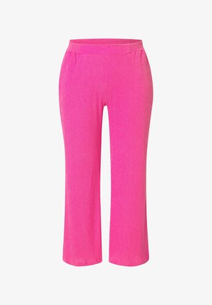 Pantaloni cropped da donna di un vivace colore rosa con una vita aderente e gambe leggermente svasate, realizzati in tessuto testurizzato.