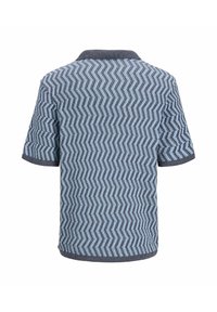 Polo en maille à manches courtes avec col et poignets foncés, présentant un motif zigzag bleu et gris, vu de dos.