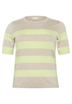 Gaiši pelēkā un laima zaļā svītrainā īsās piedurknes džemperis ar apaļu kakla izgriezumu, mīkstu tekstūru un smalkiem ribotajiem maliņām. Zīmola birka redzama.