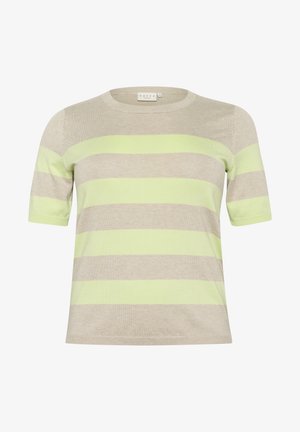 Svetlo béžový a limetkovo zelený pruhovaný sveter s krátkym rukávom a okrúhlym výstrihom, mäkká textúra a jemne rebrované okraje. Viditeľná značka.