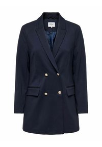 Granatowa, dwurzędowa marynarka wykonana z gładkiego materiału, z złotymi guzikami, dwoma przednimi kieszeniami oraz kołnierzem z wycięciem.