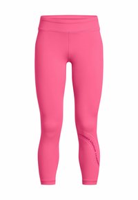 Leggings ajustados hechos de una tela rosa elástica, con una cinturilla alta y un detalle de logo texturizado en la parte inferior de la pierna izquierda.
