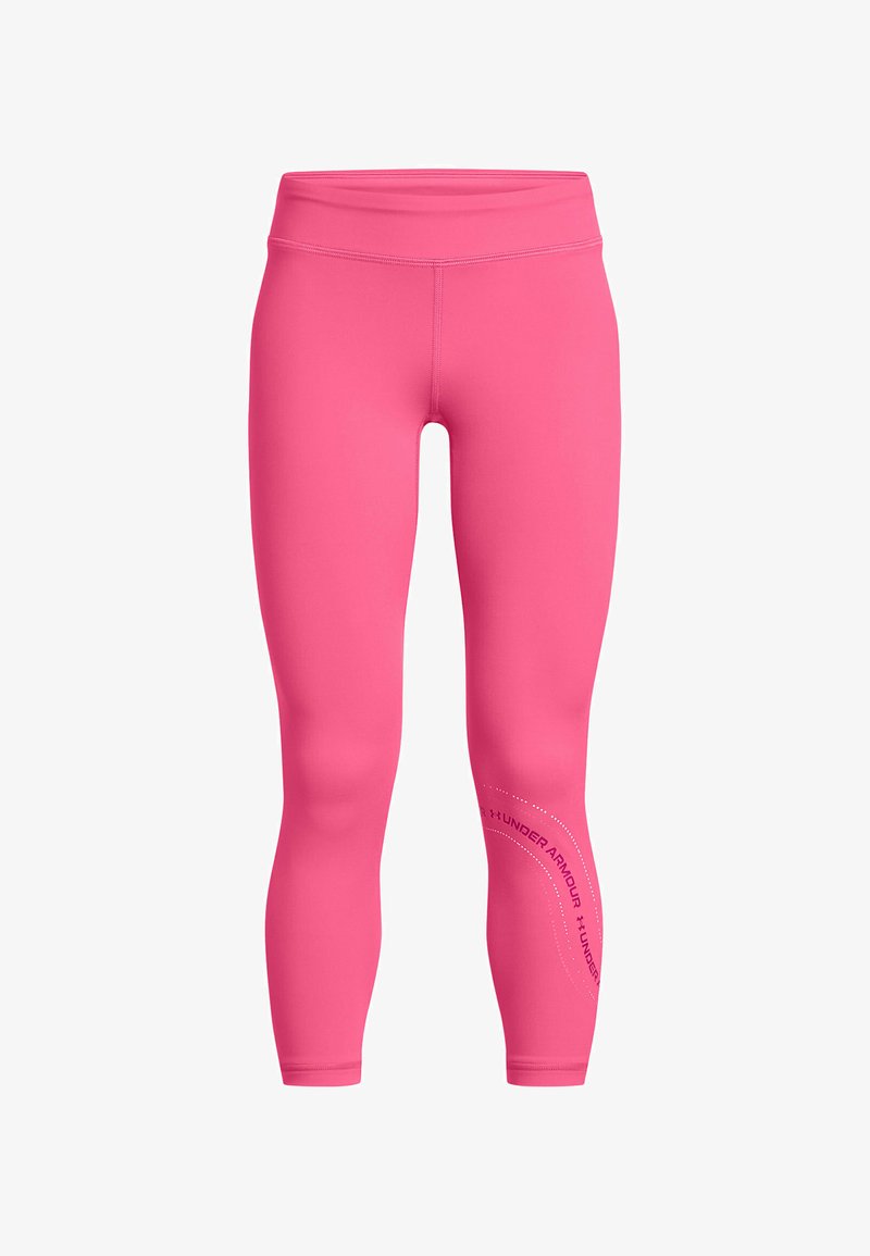Leggings ajustados hechos de una tela rosa elástica, con una cinturilla alta y un detalle de logo texturizado en la parte inferior de la pierna izquierda.