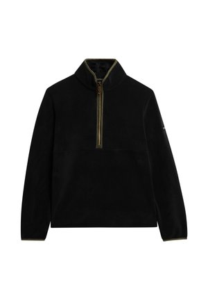 Zwarte fleece pullover met een hoge kraag, halve rits aan de voorkant, olijfgroene accenten bij de kraag en manchetten, en een zachte textuur.