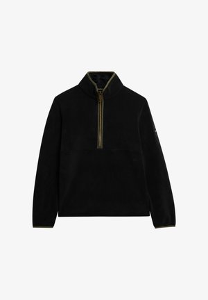 Schwarzer Fleece-Pullover mit hohem Kragen, halbem Reißverschluss an der Vorderseite, olivgrünen Akzenten am Kragen und an den Bündchen sowie einer glatten Textur.