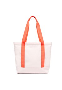 Stor tote-väska gjord av hållbart krämfärgat tyg med klara orangea remmar. Har en enkel design och en liten logotypdetalj på framsidan.
