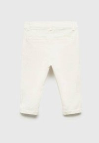 Vita denimbyxor med rak passform, uppvikt fåll, två bakfickor och bälteshällor. Slät, texturerad tygfinish.