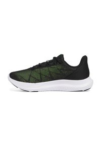 Black athletic shoes with green accents, textured upper, lace-up design, and white rubber sole. Side view highlights sleek profile.