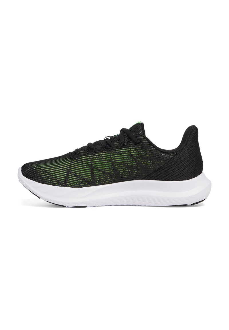 Black athletic shoes with green accents, textured upper, lace-up design, and white rubber sole. Side view highlights sleek profile.