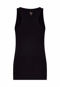 Schwarzes Tanktop aus weichem, dehnbarem Stoff. Mit Rundhalsausschnitt und dünnen Trägern. Kleine, goldene Logodetail auf der Rückseite.