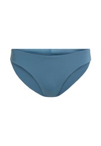 Blue bikini brief with a smooth texture, mid-rise waist, and slightly contoured front. Features a classic cut and lack of embellishments.