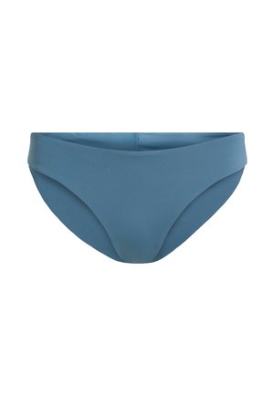 Modré bikiny s hladkým povrchem, s poloviční výškou pasu a mírně tvarovaným předním dílem. Má klasický střih a postrádá ozdoby.