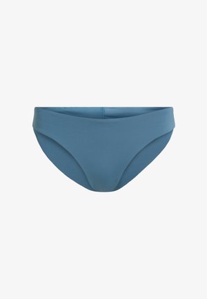 Mėlyna bikini kelnaitė su lygiu paviršiumi, vidutinio aukščio juosmeniu ir šiek tiek contūruotu priekiniu kraštu. Yra klasikinių kirpimų ir neturi dekoracijų.