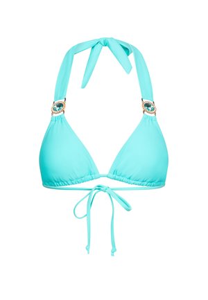 Türkiser Bikini-Oberteil mit Halterneck und Bindeschluss. Verfügt über dreieckige Cups, geraffte Kanten und dekorative Hardware-Details.