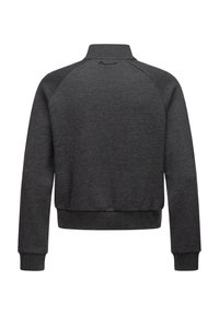 Dark gray sweatshirt with a high collar, raglan sleeves, and ribbed cuffs. Features a logo stitched near the collar. Soft, textured fabric.