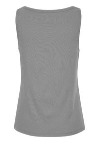 Camiseta sin mangas de canalé gris con escote redondeado. Textura suave y dobladillo ligeramente acampanado para un ajuste relajado.