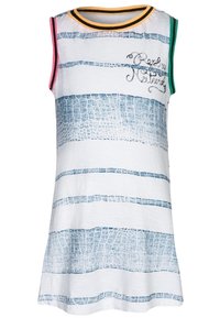 Robe blanche sans manches avec des rayures texturées bleues horizontales, un col en jaune et noir, des bords de manches verts et roses, et un texte en cursive sur la poitrine.