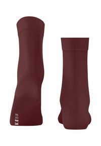 Burgunderfarbene Knöchelsocken aus elastischem Stoff, mit einem gerippten Oberband und einer glatten Oberfläche. Größe an der Seite mit 35-38 gekennzeichnet.