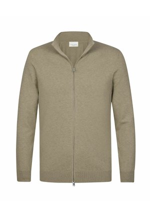 Lichtbruine cardigan met rits, gemaakt van zachte gebreide stof. Heeft een opstaande kraag en geribbelde manchetten en zoom voor een aangesloten pasvorm.