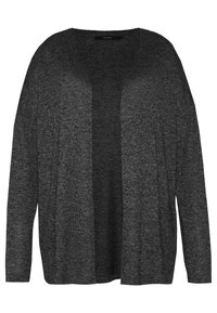 Cardigan aperto di colore grigio scuro, con maniche lunghe, realizzato in morbido tessuto testurizzato, mostrato su uno sfondo bianco.