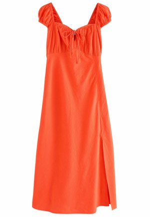 Oranje jurk met korte pofmouwen, geplooide lijf en een zijsplit. Gemaakt van lichte stof, met een trekkoord detail bij de hals.