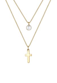 Goudkleurige gelaagde ketting met een platte kruis hanger en een ronde stenen hanger aan dunne kabelkettingen.