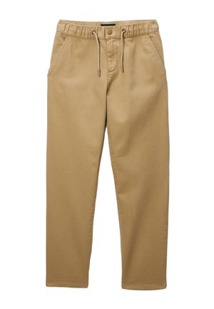 Pantalon kaki avec une taille élastique et un cordon de serrage. Comprend deux poches latérales et une coupe droite avec une texture lisse.