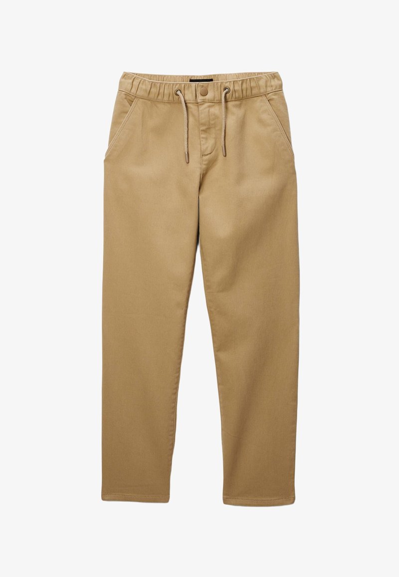 Pantalon kaki avec une taille élastique et un cordon de serrage. Comprend deux poches latérales et une coupe droite avec une texture lisse.