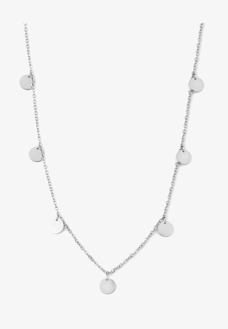 Collier chaîne en argent avec huit breloques rondes réparties de manière égale sur un fond blanc.