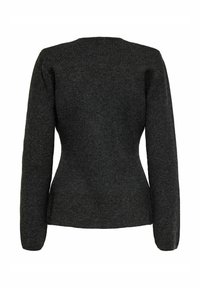 Pull moulant à manches longues gris foncé vu de dos, présentant une texture en maille simple et lisse ainsi qu'une taille légèrement cintrée.