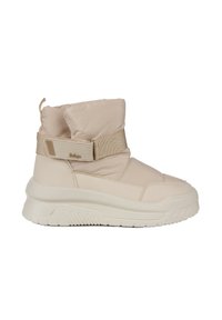 Beżowe botki za kostkę z wyściełanym cholewką, akcentującym paskiem i teksturowaną podeszwą. Wykonane z materiału syntetycznego, z zaokrąglonym noskiem i wyściełanym wnętrzem.