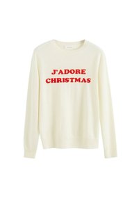 Crèmekleurige trui met lange mouwen met daarop de rode tekst "J'ADORE CHRISTMAS" prominent over de voorkant. Zachte textuur.