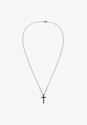 Sort metal kæderekæde med en korsvedhæng prydet med små sorte sten, hvilket skaber et struktureret, reflekterende udseende.