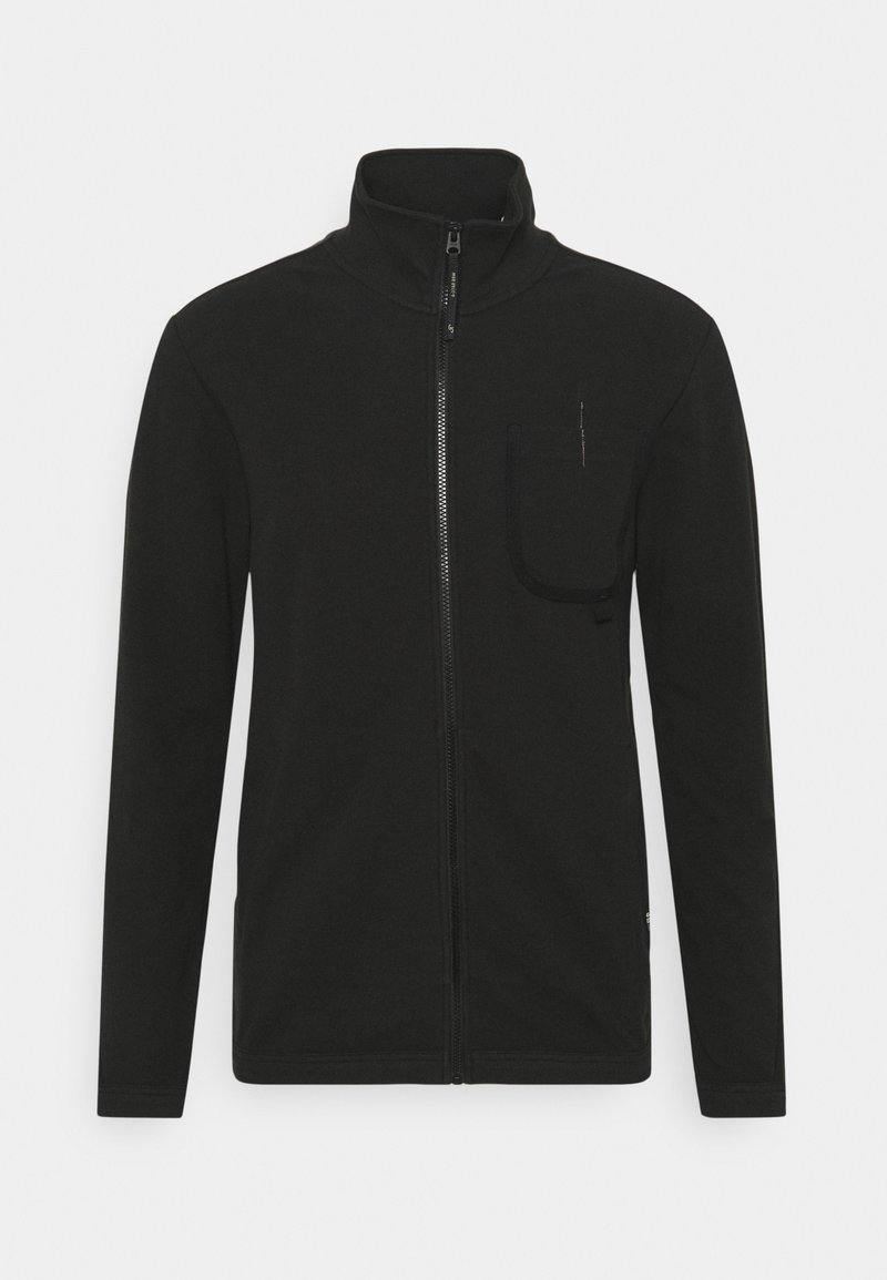 Svart zip-up jacka med hög krage, med en bröstficka och långa ärmar. Gjord av slätt tyg med en minimalistisk design.