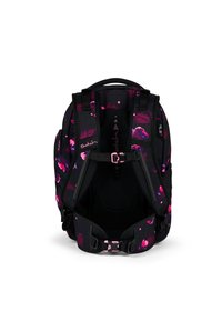 Black backpack with pink floral patterns, padded straps, mesh back, and adjustable buckles. Features contrasting accents and multiple compartments.
