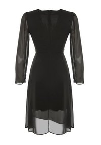 Robe noire à manches longues en tissu transparent, corsage ajusté et jupe légèrement évasée. Dotée d'une fermeture éclair au dos et d'une texture lisse.