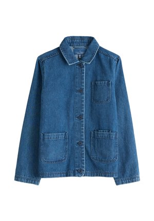 Geacă albastră din denim cu nasturi, trei buzunare în față și mâneci lungi, prezentată pe un fundal alb.