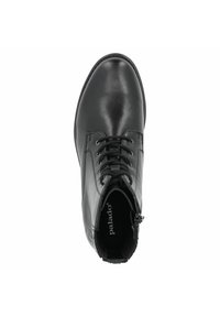 Stivale alla caviglia in pelle nera con finitura liscia, punta rotonda, design con lacci e un piccolo dettaglio con zip sul lato.