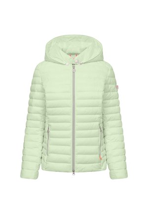 Lichtgroene doorgestikte jas met capuchon, ritssluiting aan de voorkant en twee ritssluiting-zijzakken, getoond op witte achtergrond.