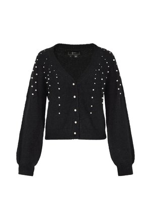 Cardigan negru cu decolteu în V, mâneci lungi și croială supradimensionată, prezentând broderii cu perle pe față și mâneci. Textură moale.