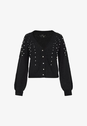Cardigan negru cu decolteu în V, mâneci lungi și croială supradimensionată, prezentând broderii cu perle pe față și mâneci. Textură moale.