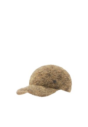 Brown fuzzy textured baseball cap with a small round black logo on the side, shown on a white background.