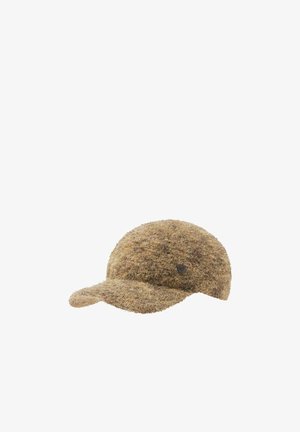 Brown fuzzy textured baseball cap with a small round black logo on the side, shown on a white background.